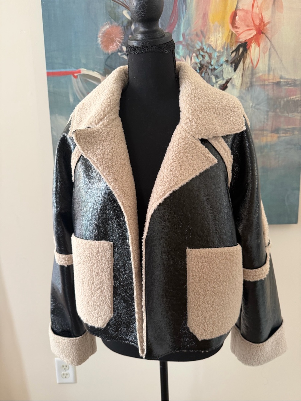Steve Madden Black Faux Leather Jacket with Cream Sherpa Trim
